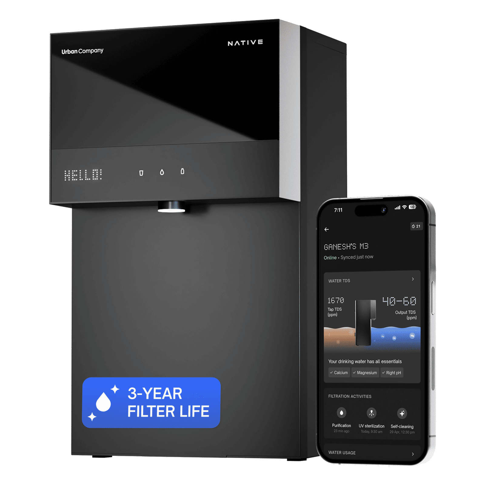 Native by UC M3 Pro 6L RO + UV + Alkaline + Mineraliser + Copper Water Purifier with Smart Rinse Technology (Black)