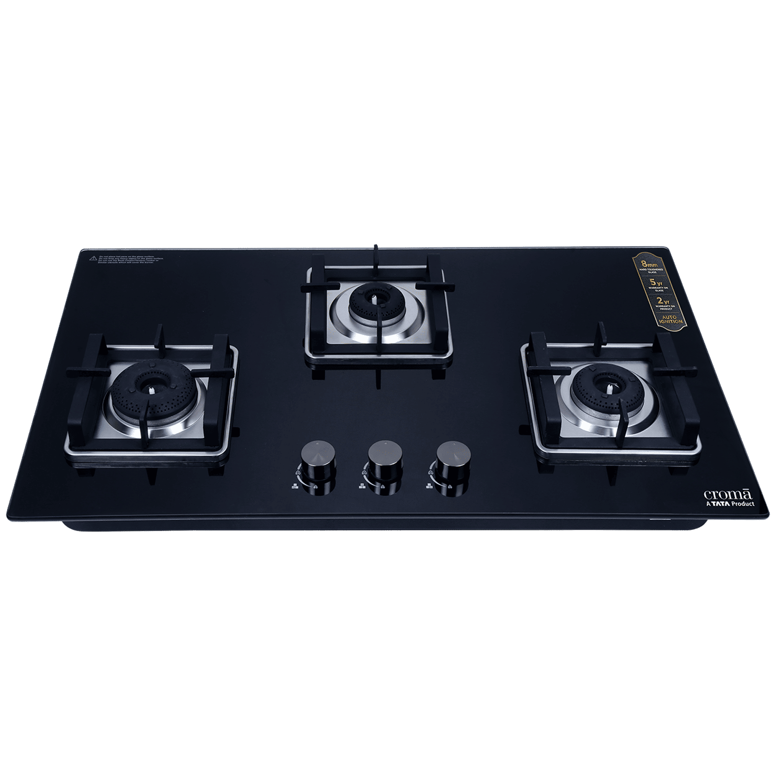 Croma Toughened Glass Top 3 Burner Automatic Hob (Double Drip Tray, Black)