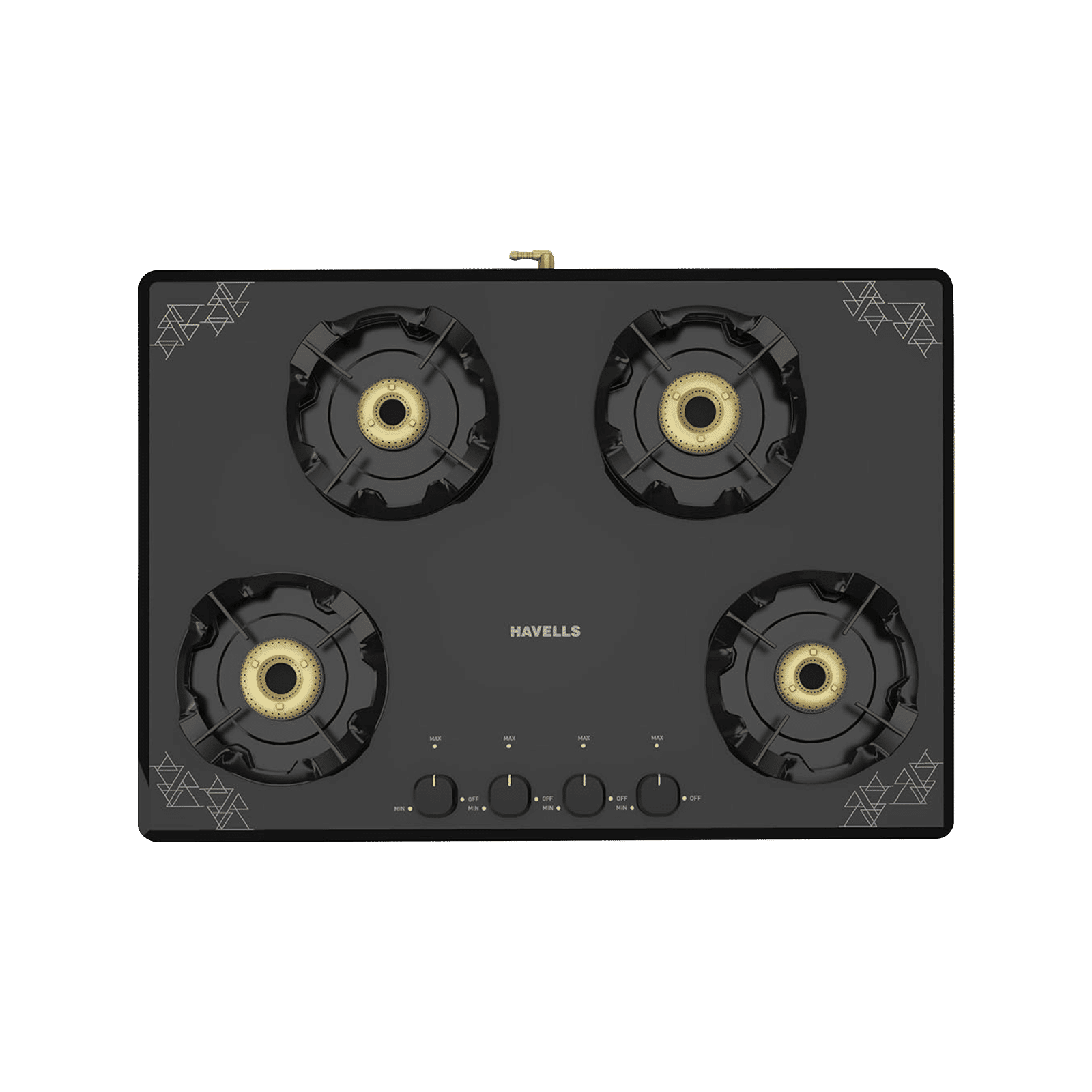 Havells Nucleus Toughened Glass Top 4 Burner Manual Gas Stove (Heavy Duty Brass Burner, Black)