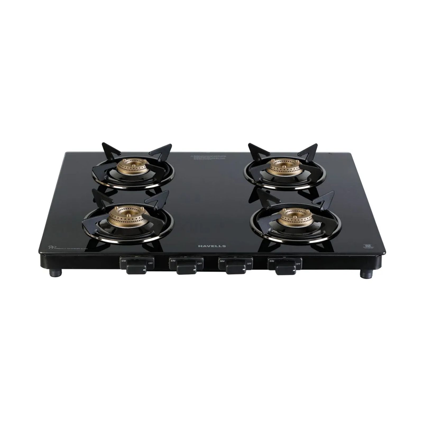 Havells Calore Toughened Glass Top 4 Burner Manual Gas Stove (Heavy Duty Brass Burner, Black)
