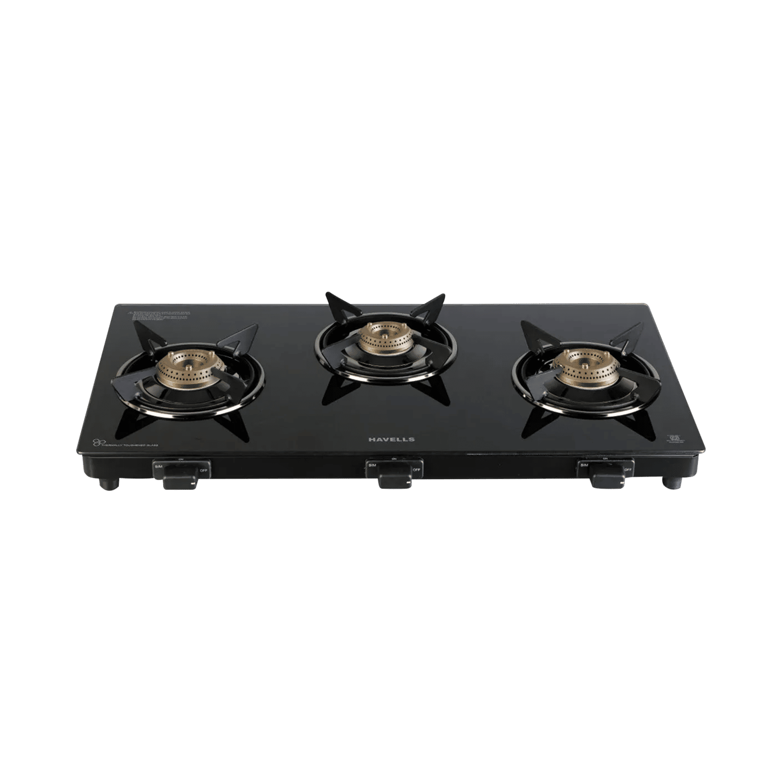 Havells Calore Toughened Glass Top 3 Burner Manual Gas Stove (Heavy Duty Brass Burner, Black)
